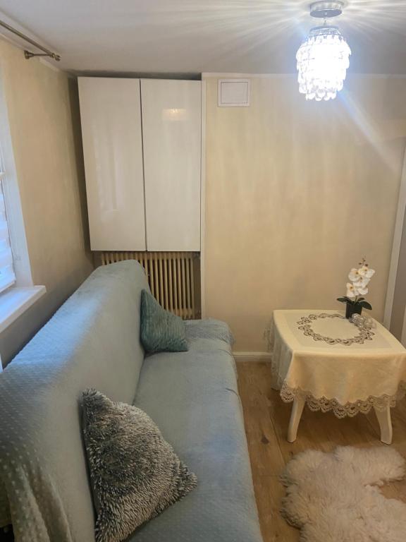 ein Wohnzimmer mit einem Sofa und einem Tisch in der Unterkunft Mały apartament z kuchnią i łazienką in Stettin