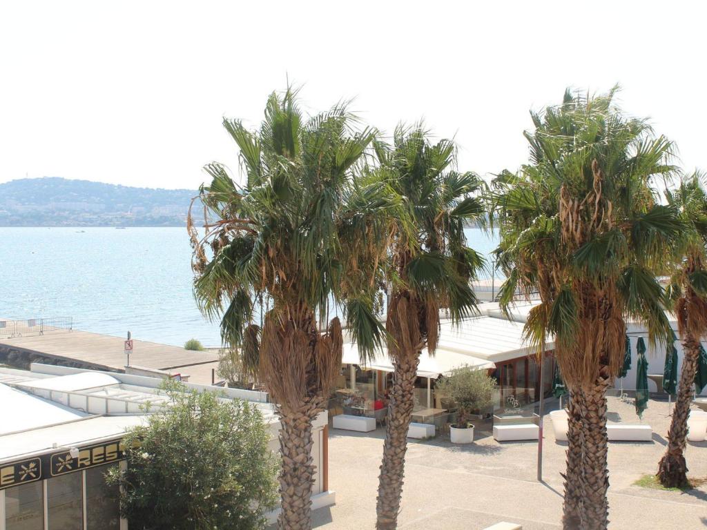 three palm trees in front of a building next to the water at Appartement Balaruc-les-Bains, 2 pièces, 4 personnes - FR-1-503-118 in Balaruc-les-Bains