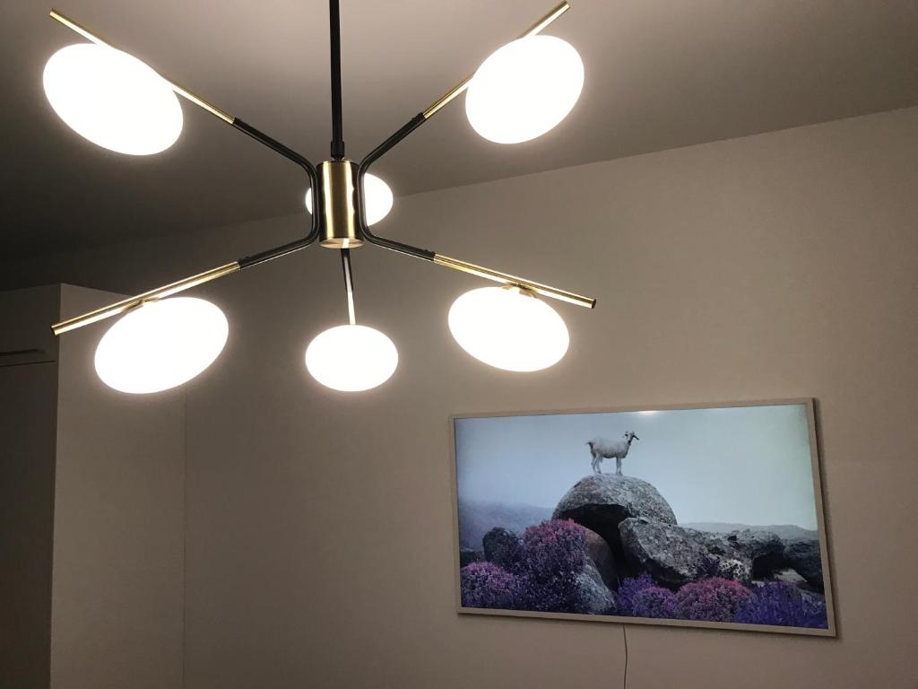 a ceiling fan with four lights on a wall with a picture at Ferienwohnung Amelie in Sattendorf