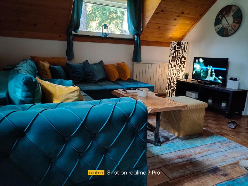 uma sala de estar com um sofá azul e uma televisão em Vila Jezerski raj em Bor