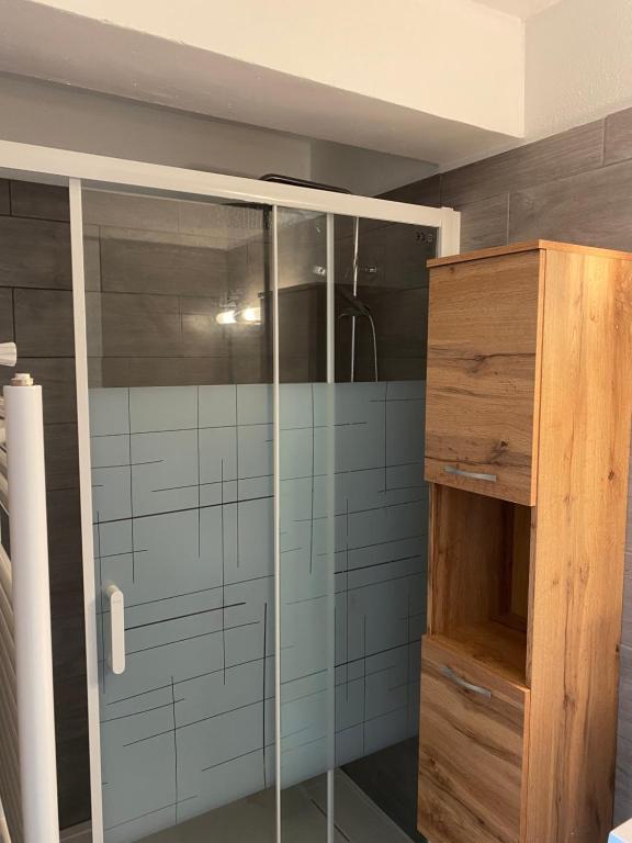 a shower with glass doors in a bathroom at Appartement Le Lauzet in La Roche-de-Rame