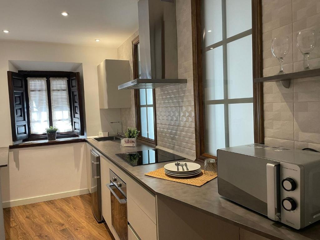 a kitchen with a counter top with a microwave at Hotel QB Almagro Centro in Almagro