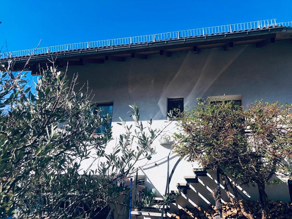 ein Gebäude mit Treppen und Bäumen davor in der Unterkunft Ferienwohnung Shakira in Penig