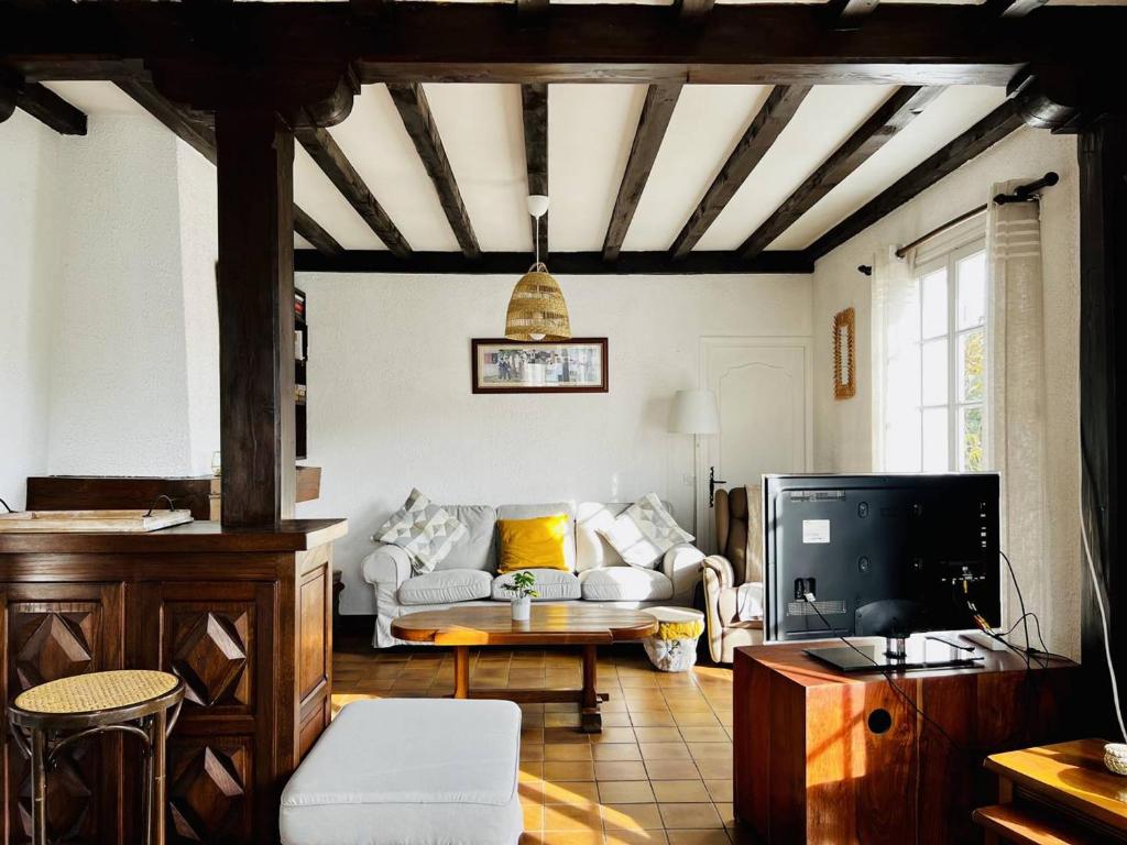 salon z kanapą i telewizorem w obiekcie Maison T4 à Cambo-les-Bains: 5 couchages, jardin arboré, balcon, cheminée, animaux acceptés, Wi-Fi fibre - FR-1-495-114 w mieście Cambo-les-Bains