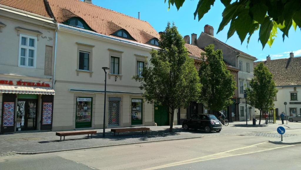 a street in a town with benches and buildings at Belváros Apartmanház Sopron in Sopron