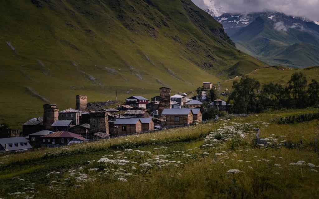 a small village in a valley in a mountain at Ushguli Cabins in Ushguli