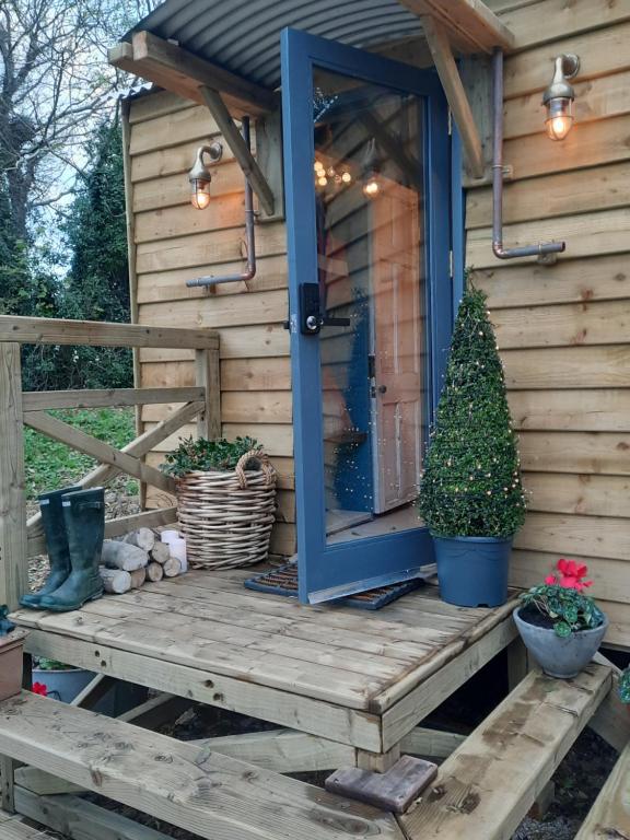 Rathnew的住宿－Cosy Double Shepherds Hut In Beautiful Wicklow With Underfloor Heating Throughout，一间设有蓝色门和一些植物的小屋