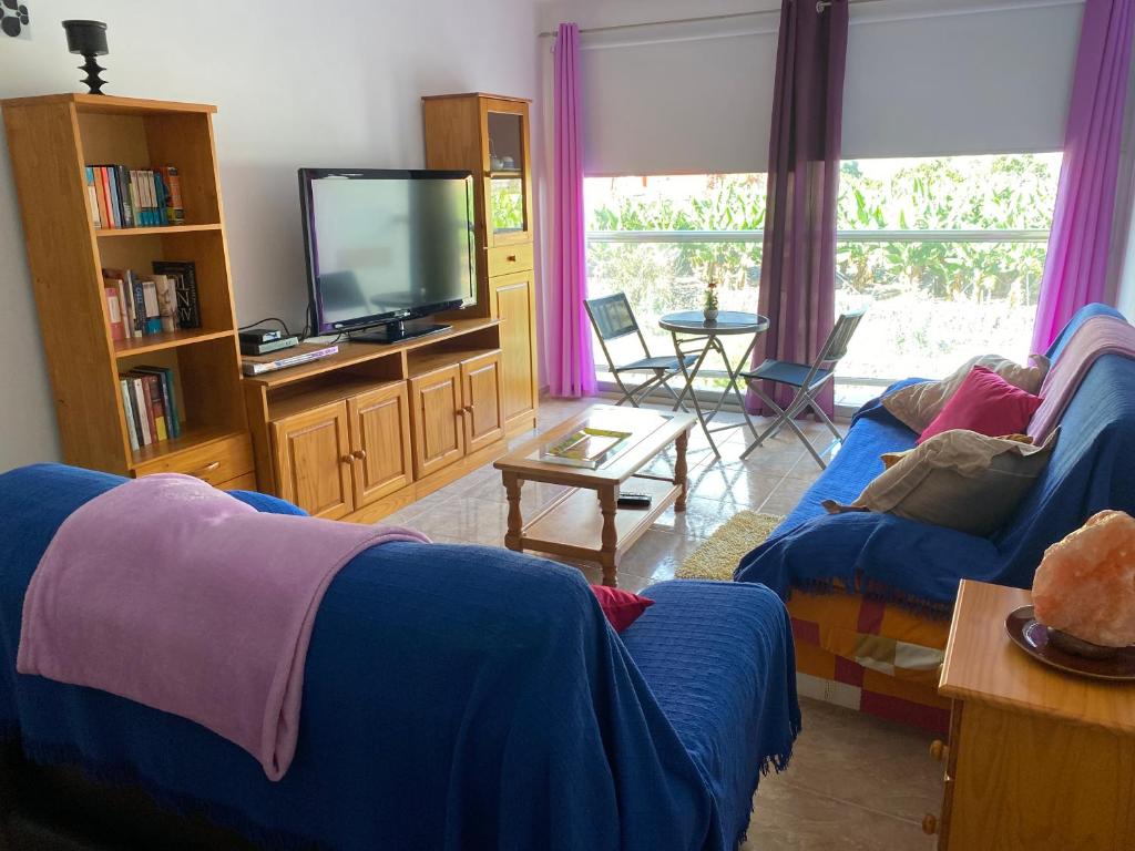 un salon avec un canapé bleu et une télévision dans l'établissement JÚPITER EN EDIFICIO REMEDIOS, à Los Llanos de Aridane
