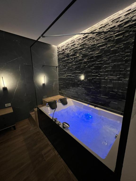 斯科普里The Pearl - In the heart of Skopje的石墙客房内的浴缸