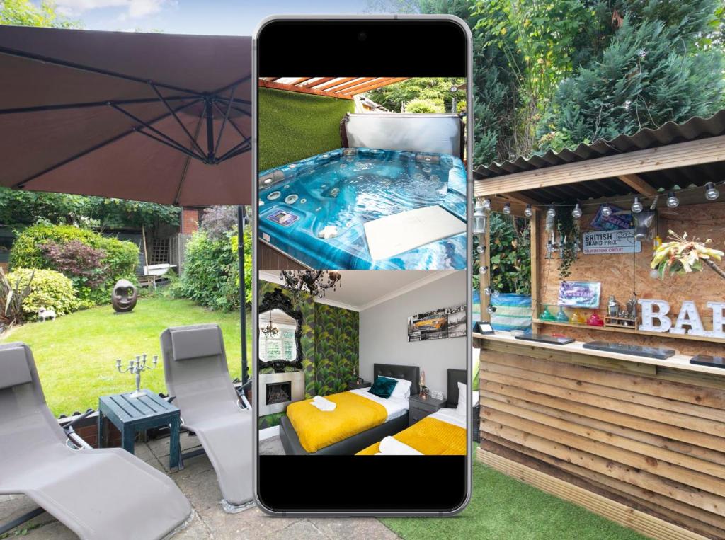 eine Collage mit Bildern eines Hinterhofs mit Pool in der Unterkunft Your urban retreat -Birmingham - Great for groups and reunions-With Undercover Hot Tub outside bar in Birmingham