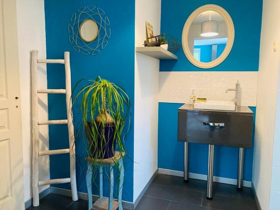 拉尼翁的住宿－Logement indépendant,calme à 2 pas du centre ville，一间带水槽和梯子旁植物的浴室