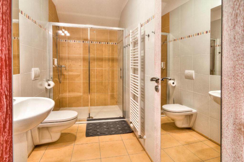 a bathroom with a shower and a toilet and a sink at Statek Samsara in Blansko