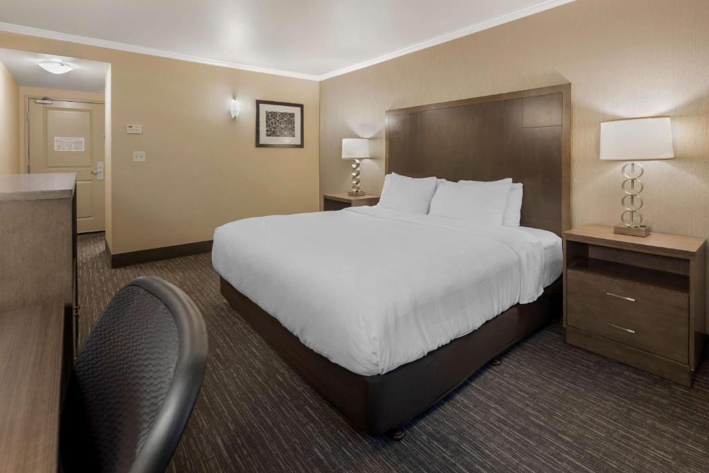 a hotel room with a large bed and a chair at Best Western Plus Chena River Lodge in Fairbanks