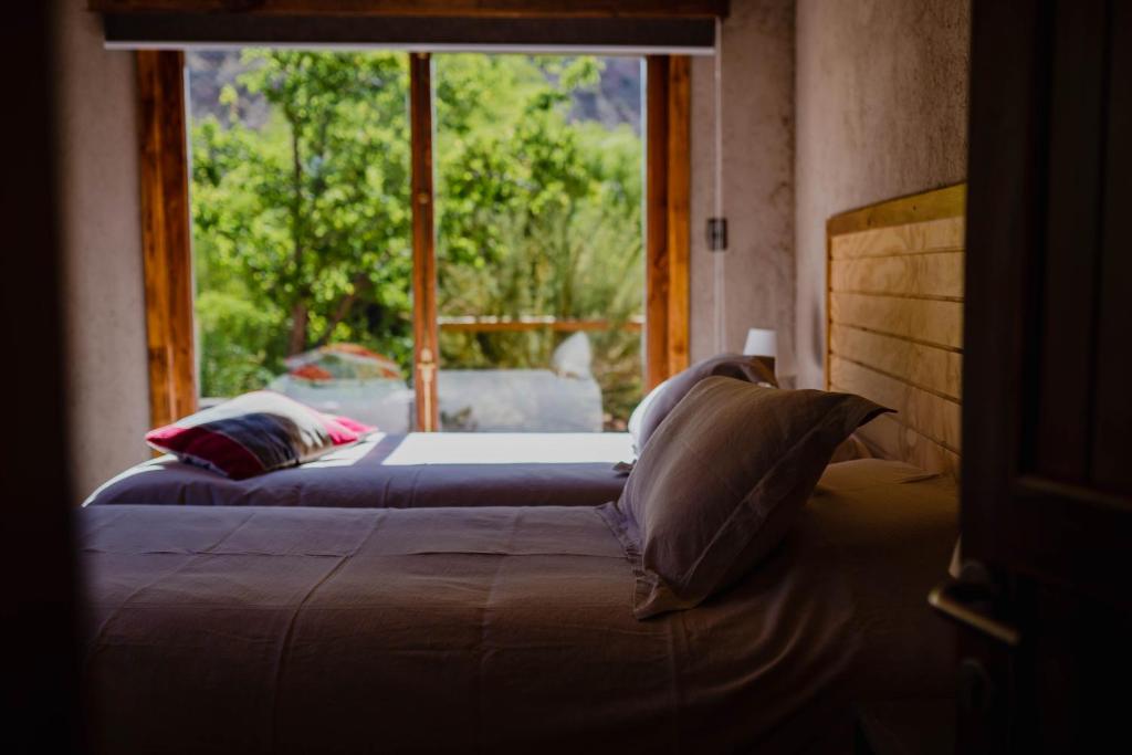 Postel nebo postele na pokoji v ubytování Piuquenes Lodge - Cabañas, Viñedos y estrellas en Horcón, Valle de Elqui