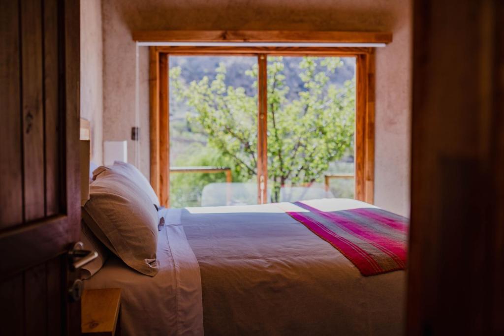 Postel nebo postele na pokoji v ubytování Piuquenes Lodge - Cabañas, Viñedos y estrellas en Horcón, Valle de Elqui
