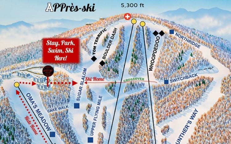 a map of a ski resort in the snow at APPresSki - 5 bed Ski in Ski out - 50 Steps to Ski Sugar Mountain Slopes in Sugar Mountain