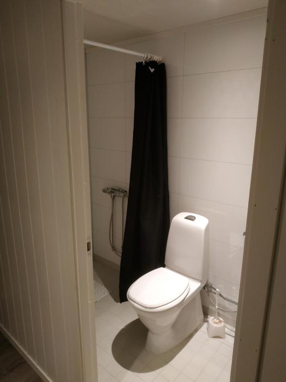 a bathroom with a toilet and a black shower curtain at Apartament 1 Havoysund in Havøysund
