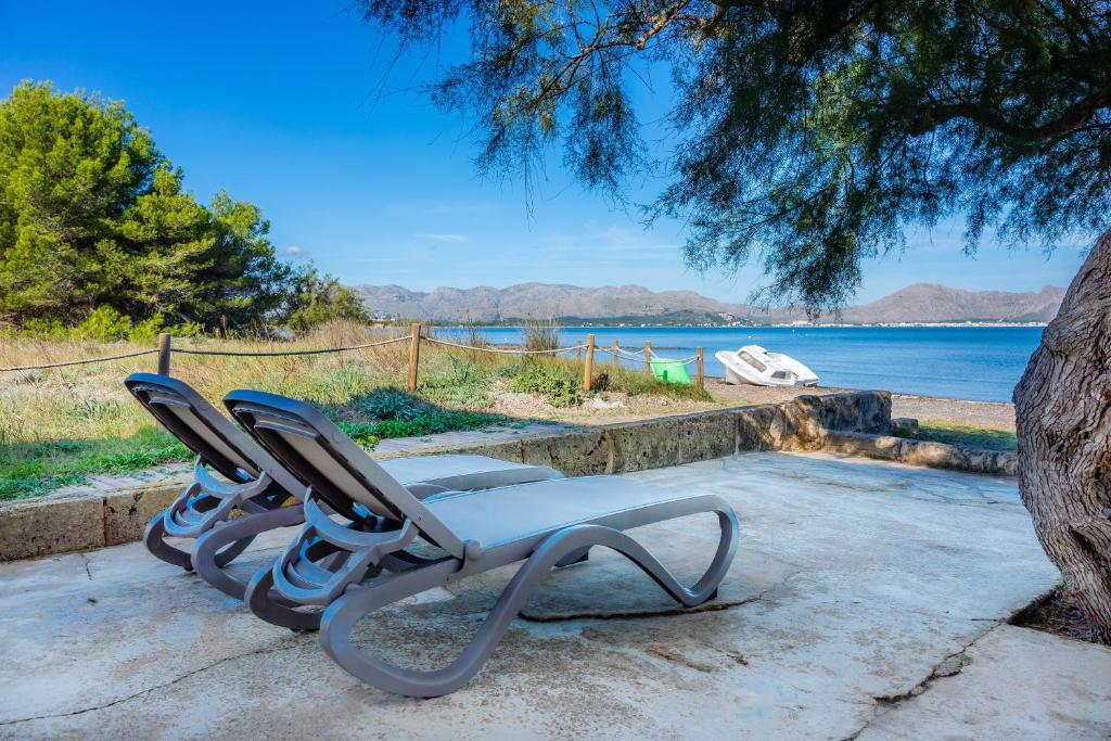 une paire de chaises assises sous un arbre à côté de l'eau dans l'établissement Sa Marina, à Alcúdia