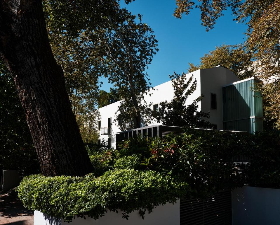 a white building with a tree and bushes at The Twentyone in Athens