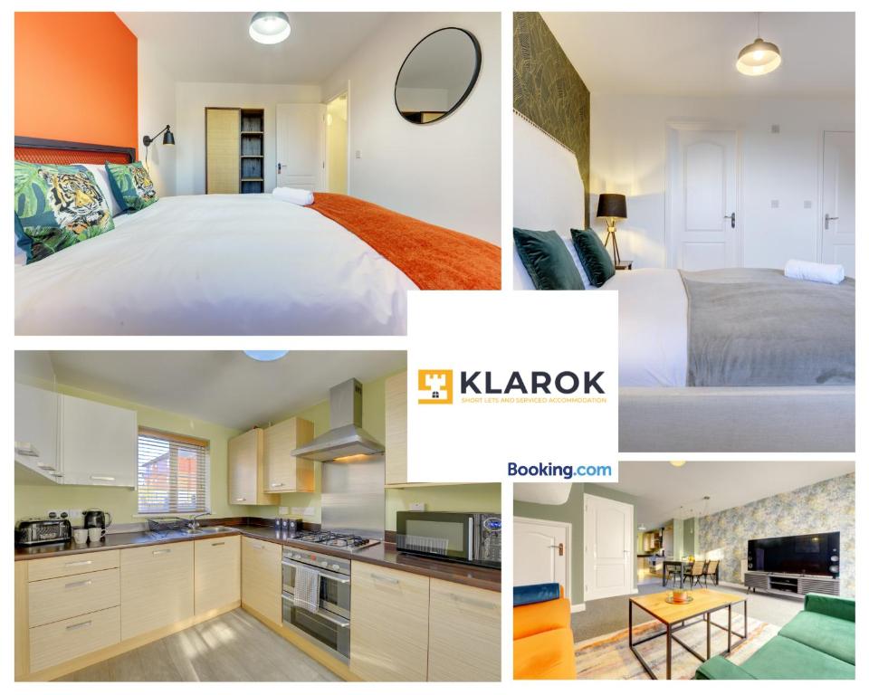 a collage of photos of a bedroom and a bed at LARGE 4 Bedroom Semi-Detached House Sleeps 7 By Klarok Short Lets & Serviced Accommodation in Peterborough