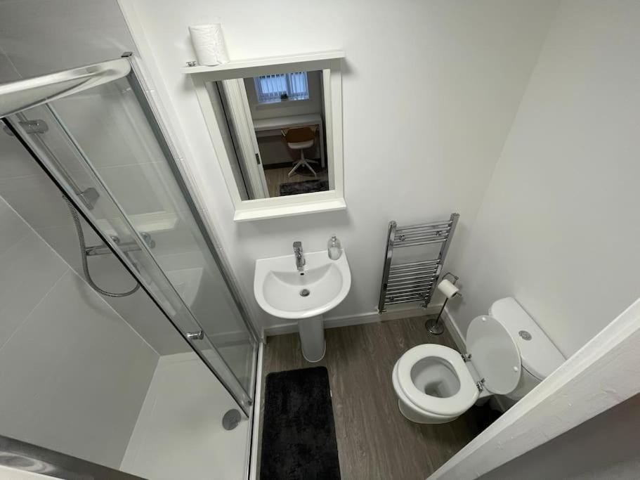 a bathroom with a sink and a toilet and a mirror at 3 Studio close to amenities & transport links in Bristol