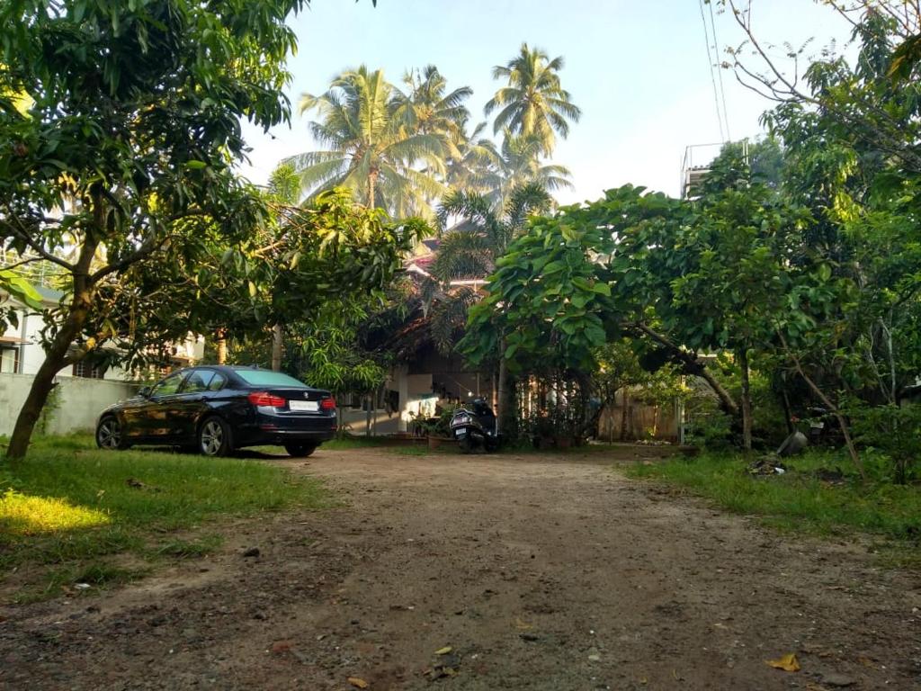 une voiture garée sur un chemin de terre avec des palmiers dans l'établissement Kalappura Homestay, à Alappuzha