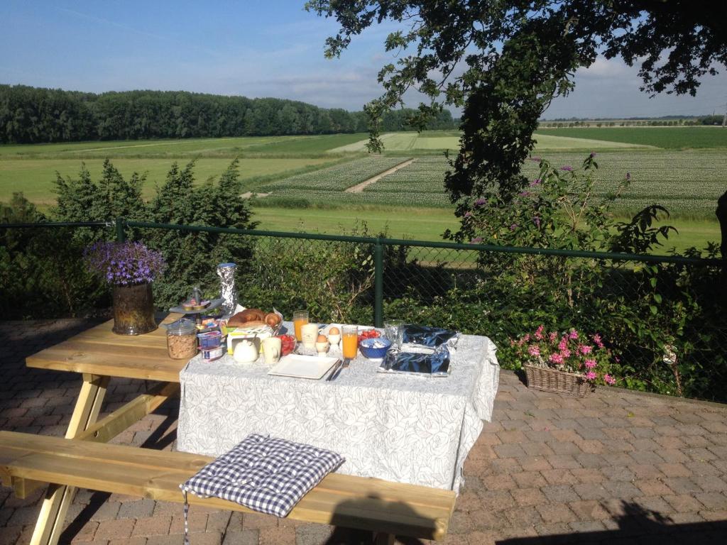 een picknicktafel met eten erop met uitzicht op een veld bij B&B Op de Brabantse Wal in Bergen op Zoom
