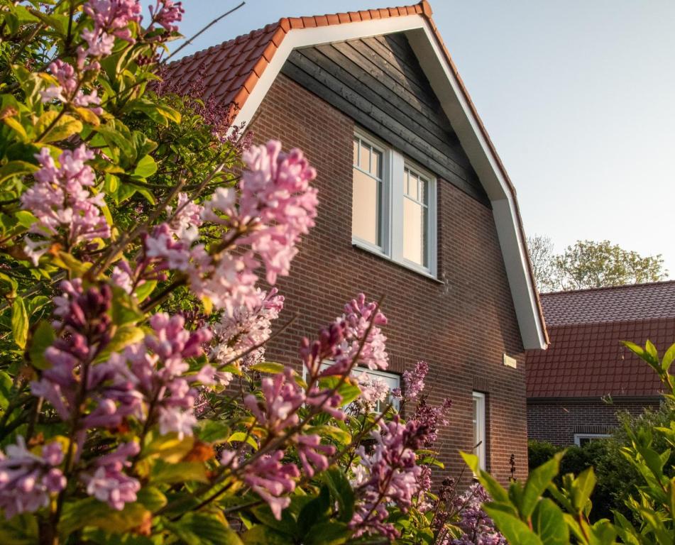Una casa con flores rosas en el frente. en Dunopark Villa, en Oostkapelle