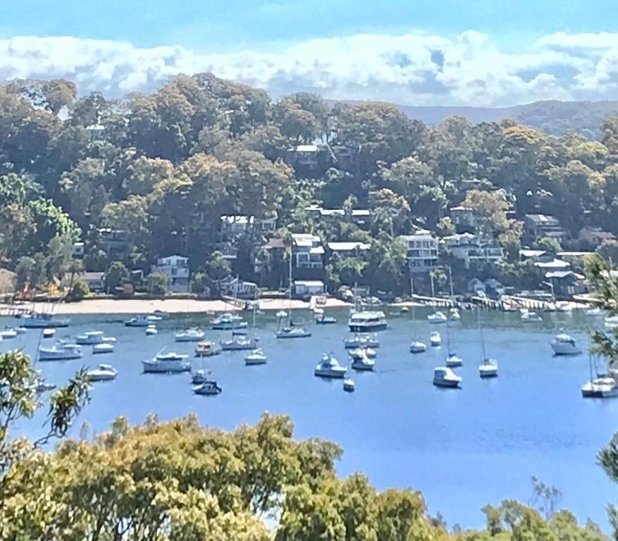 パームビーチにあるPalm beach Sydney, Modern home with water viewの港に座る船