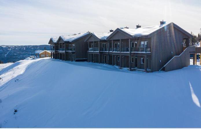a house in the snow with a pile of snow at Perfect Christmas atmosphere! Beautiful Apartment at Skagahøgdi with Panoramic View in Gol
