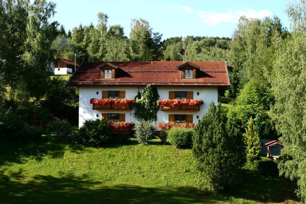 uma casa branca com flores vermelhas no quintal em Ferienwohnungen Haus "Wildschütz" em Frauenau