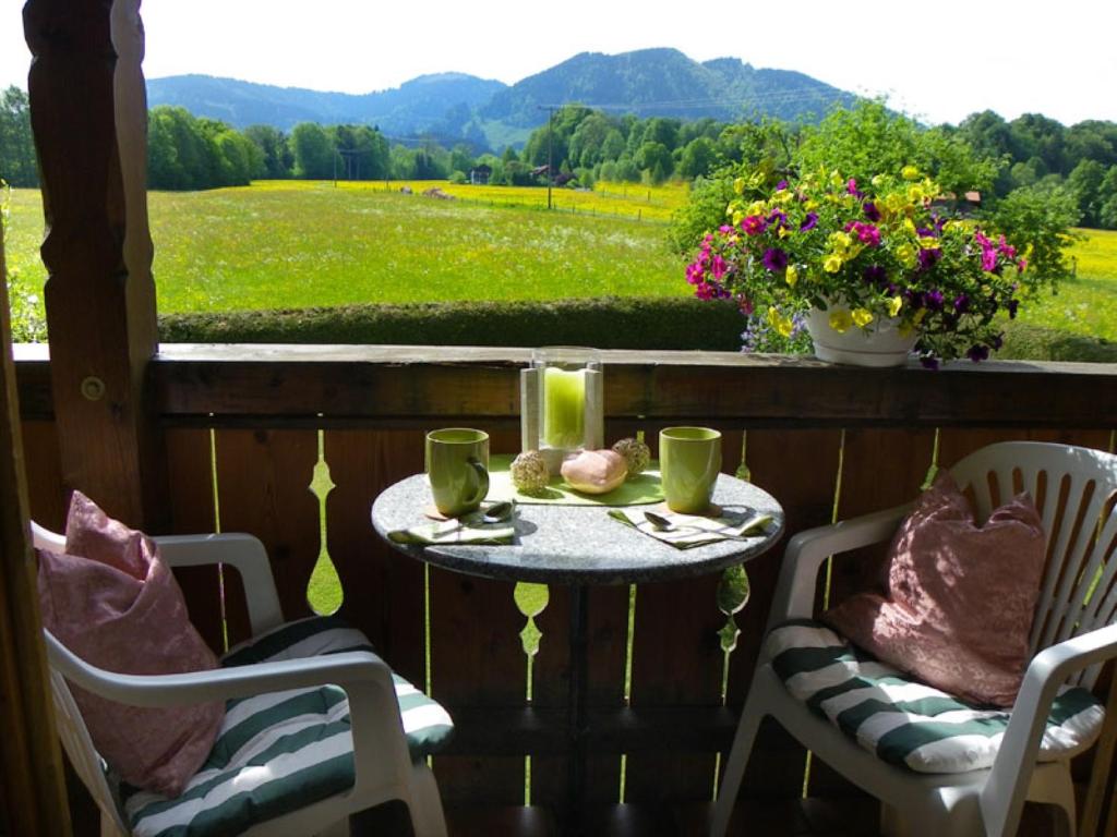 einen Tisch und Stühle auf einem Balkon mit Aussicht in der Unterkunft Ferienwohnung Zwiesel in Wackersberg