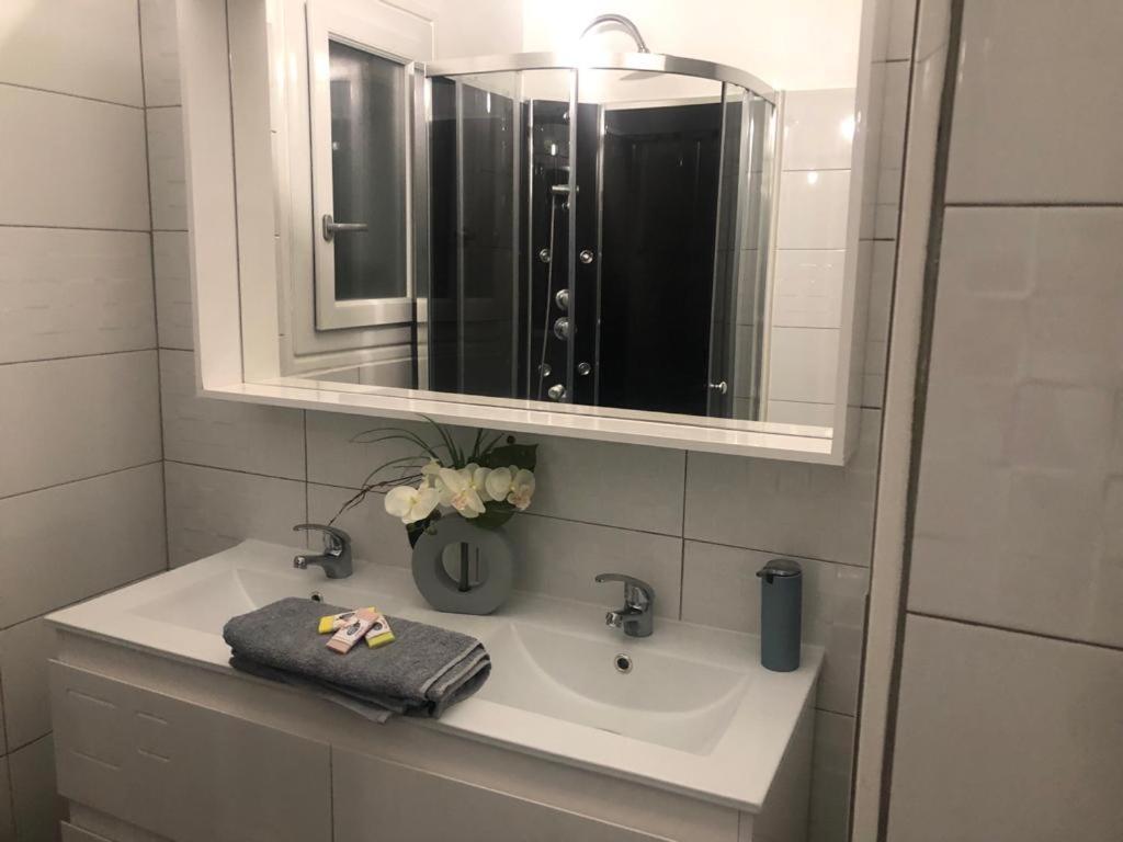 een wastafel in de badkamer met een spiegel en een vaas met bloemen bij villa skys France in Gien
