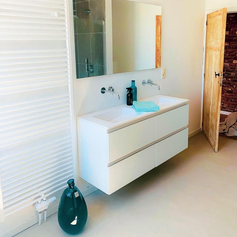 a bathroom with a white sink and a mirror at Little Farm Comfort&amp;PrestigeHouse in Ittre
