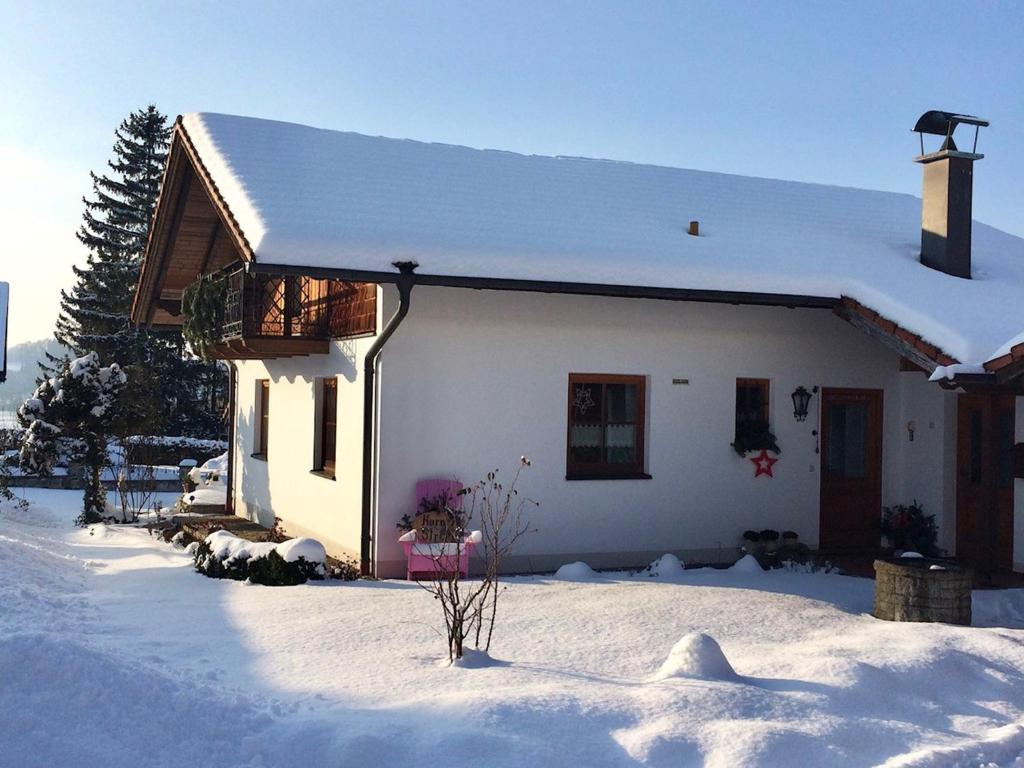 濱湖瓦京的住宿－Seehäuschen - Waging Tettenhausen，屋顶上白雪的小房子