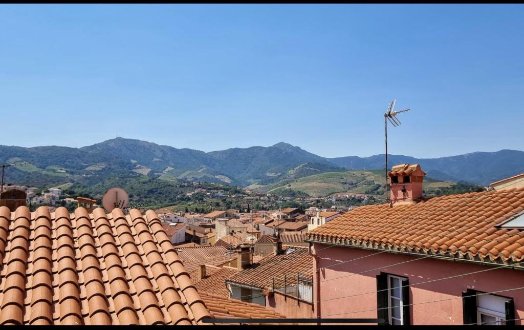 - une vue sur une ville avec des montagnes en arrière-plan dans l'établissement APPART f3 ,CLIM, PROCHE PLAGE, à Banyuls-sur-Mer