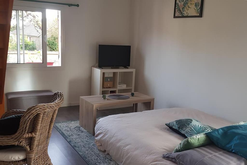 a bedroom with a bed and a tv and a chair at Maison La Plage cadre verdoyant et calme in Port-Mort