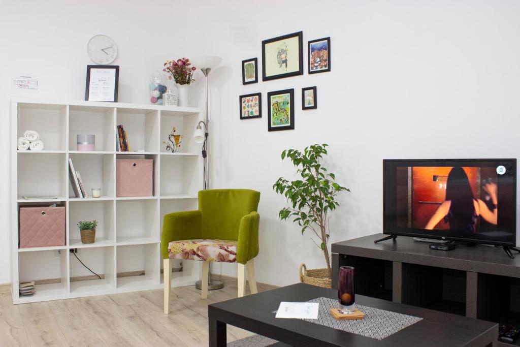 a living room with a television and a green chair at Town Space Apartment Niš in Niš