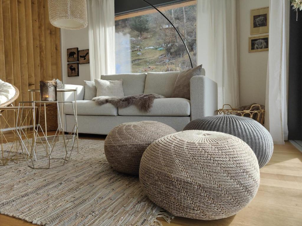 格雷興的住宿－Sunnustrahl，带沙发的客厅和地毯上的两个球面