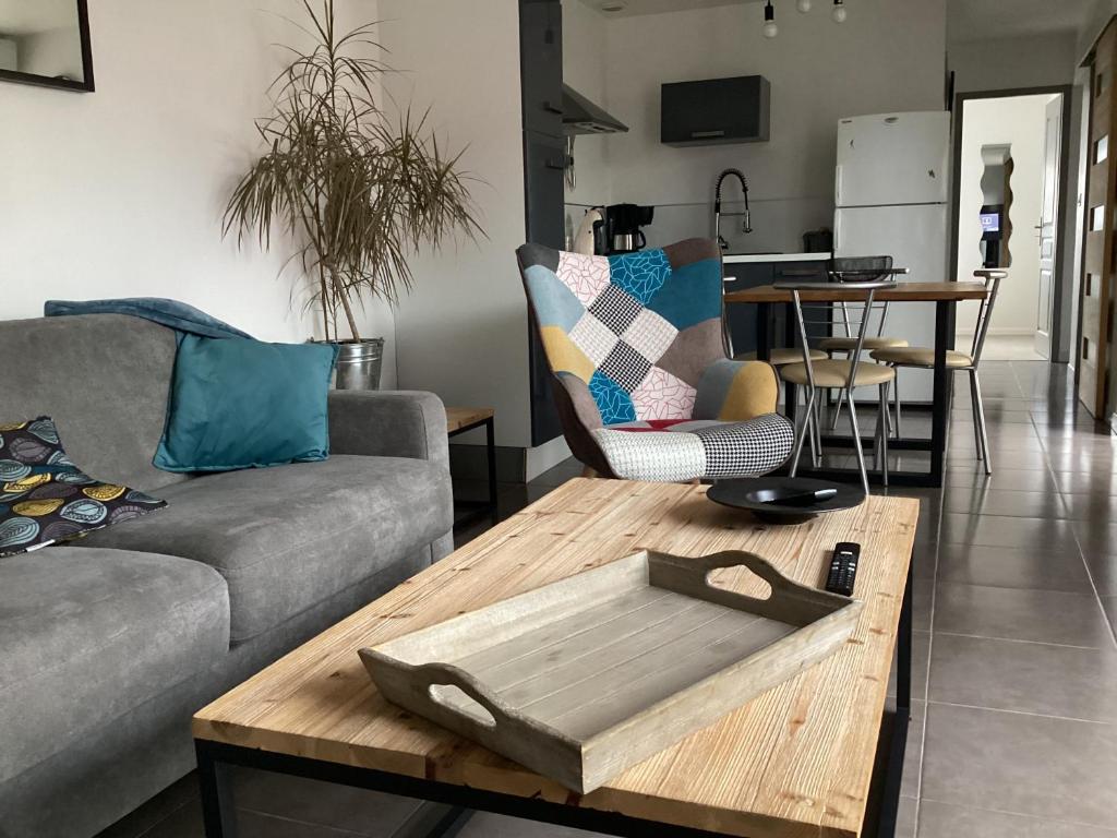 een woonkamer met een bank en een salontafel bij Joli appartement 50 m2 classé 3 etoiles avec terrasse et jardin in La Rochelle