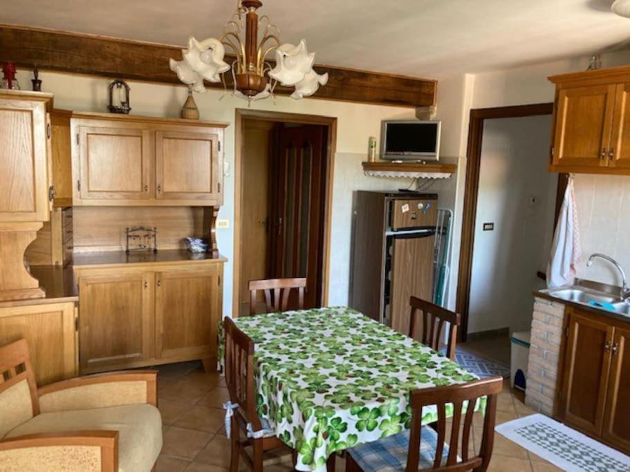 a kitchen with a table with a green table cloth at Casa vacanza da Berto in Stregna