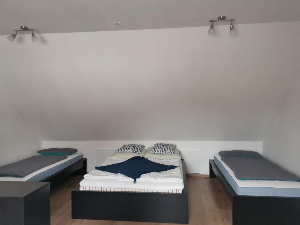 2 camas sentadas en una habitación con una pared en Messe Apartment BIN en Hildesheim