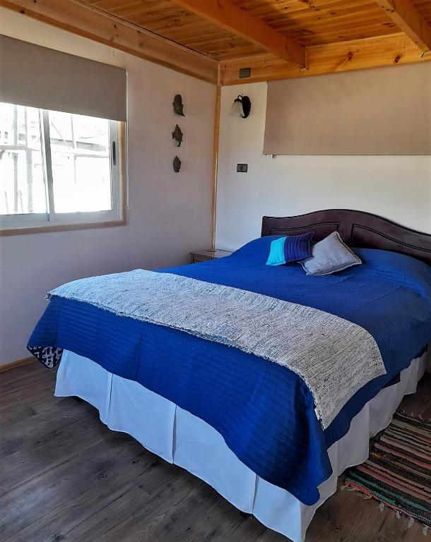 a bedroom with a blue bed with a wooden ceiling at 100 Experiencias Chile, habitación 3 in Lagunillas