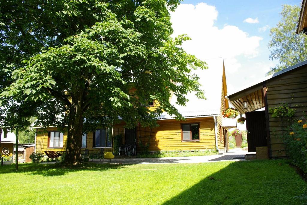 Udumäe Holiday Farm في Kirikuküla: كنيسة صفراء صغيرة مع شجرة في الفناء