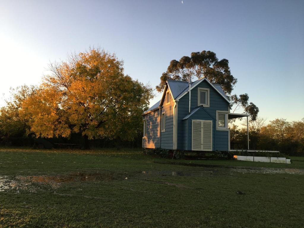 a blue house sitting on top of a field at Tiny House, La Candelaria in Luján