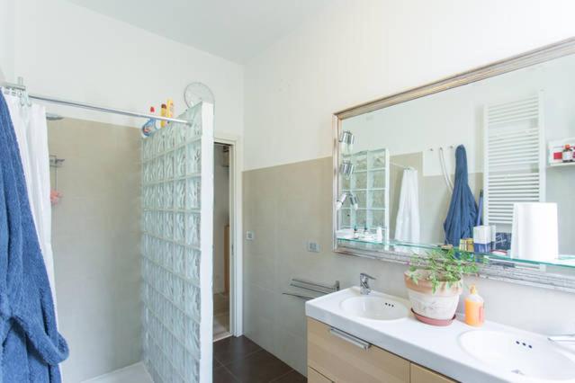 W łazience znajduje się umywalka, prysznic i lustro. w obiekcie Mari & Popi’s House w Mestre