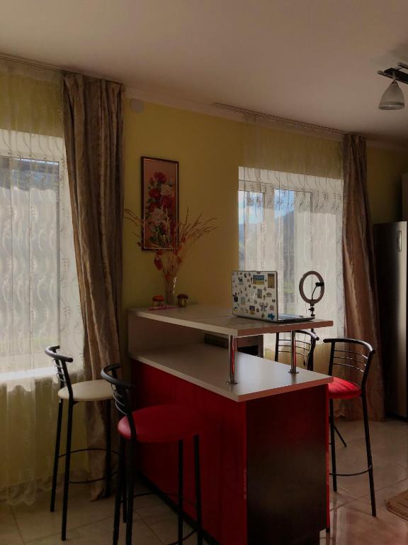 a kitchen with a table and chairs and windows at Nadiira in Slavske