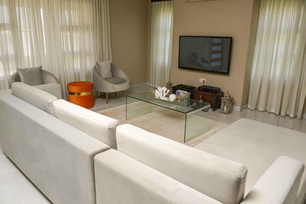 a living room with a white couch and a tv at Immaculate Villa in Gaborone