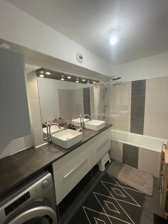 a bathroom with two sinks and a large mirror at Chambre chez l’habitant à Strasbourg in Strasbourg
