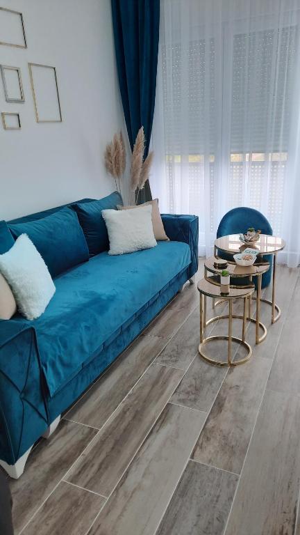 帕拉欽的住宿－Apartman Diamond，客厅配有蓝色的沙发和桌子